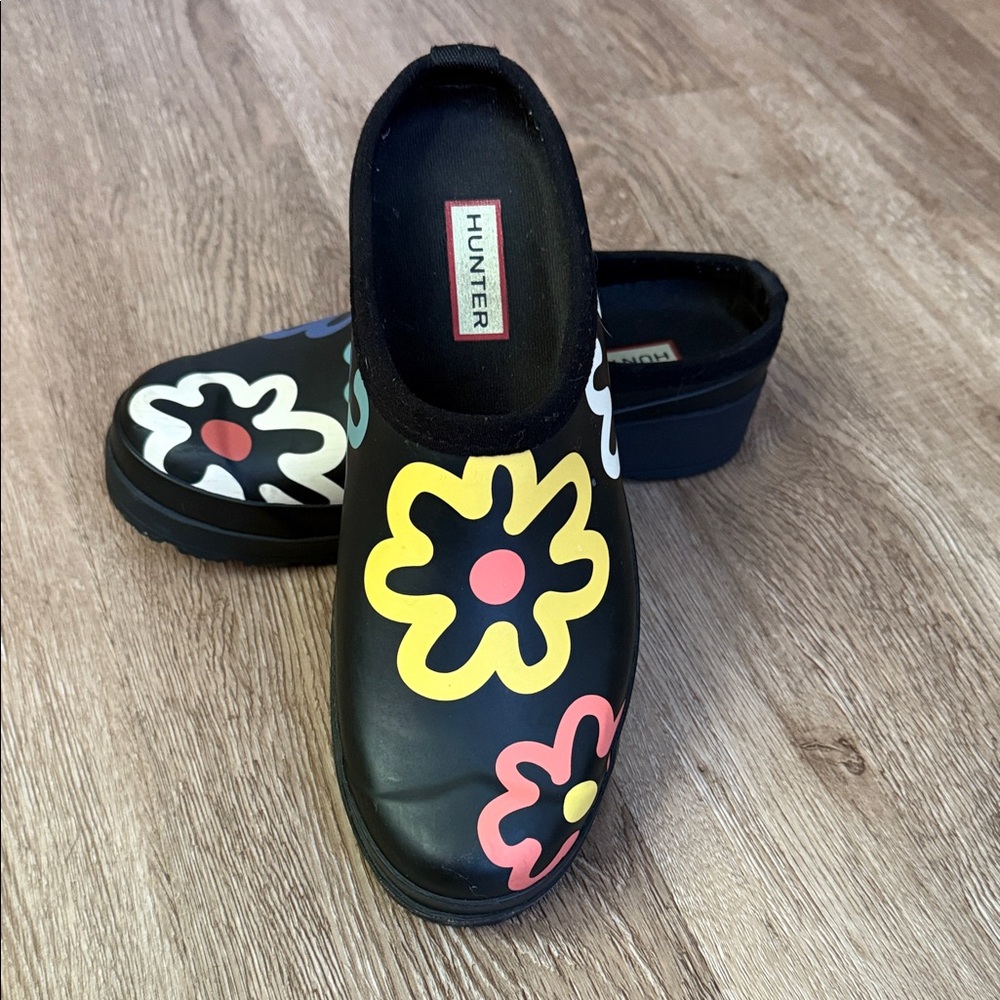 Hunter Black Floral Rain sleepers clogs .